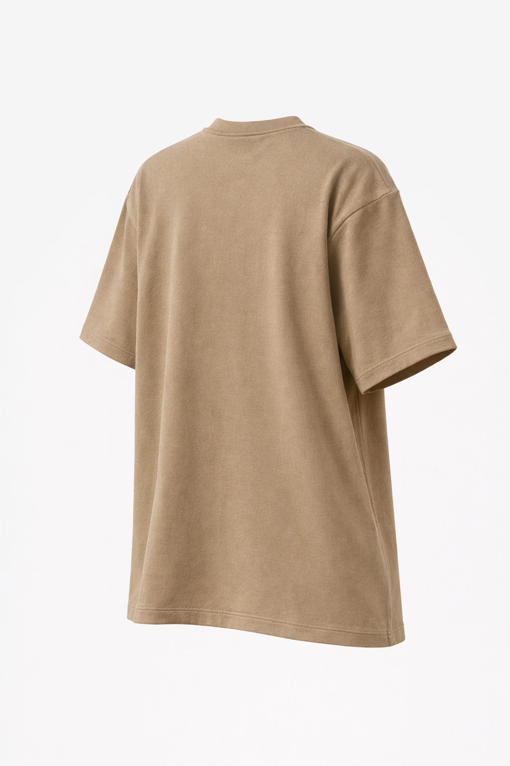 Beige FineAF crewneck T-shirt, studio angled back view on white background.