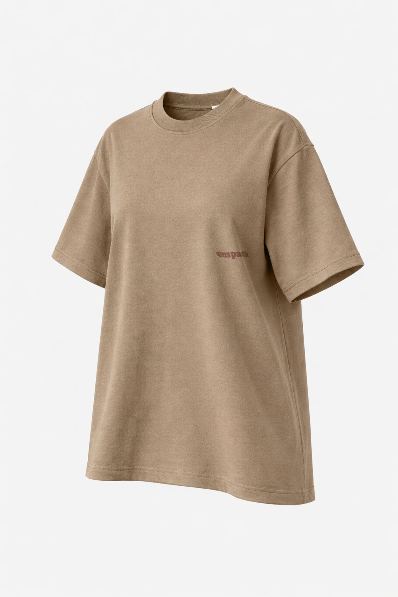 Beige FineAF crewneck T-shirt, studio front view on white background with small chest logo.