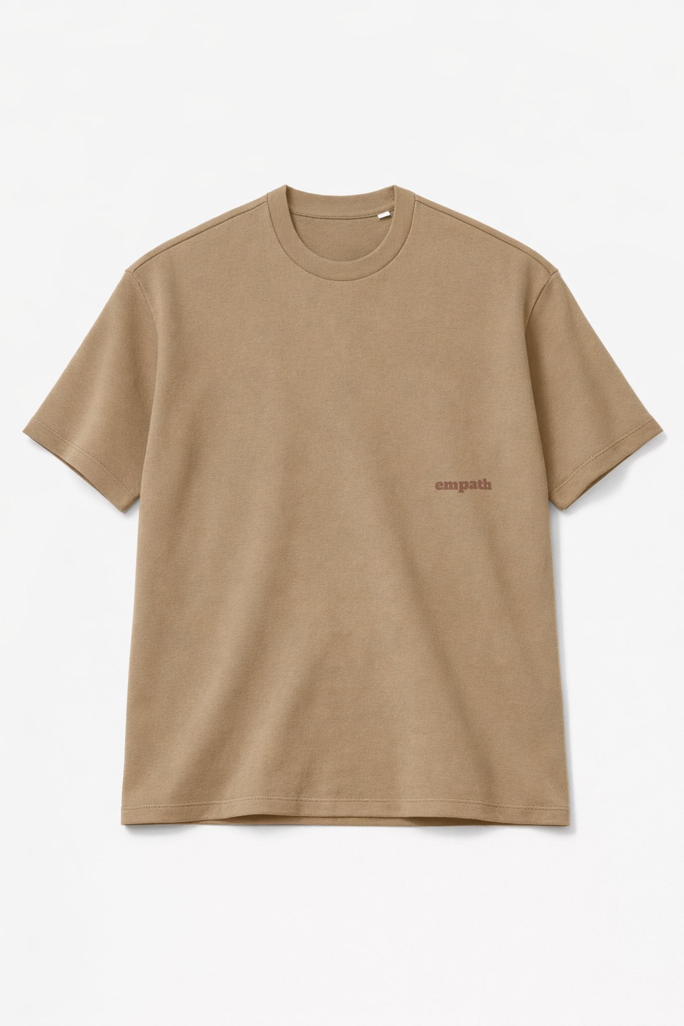 Beige FineAF crewneck T-shirt, studio front view cropped showing chest logo placement.