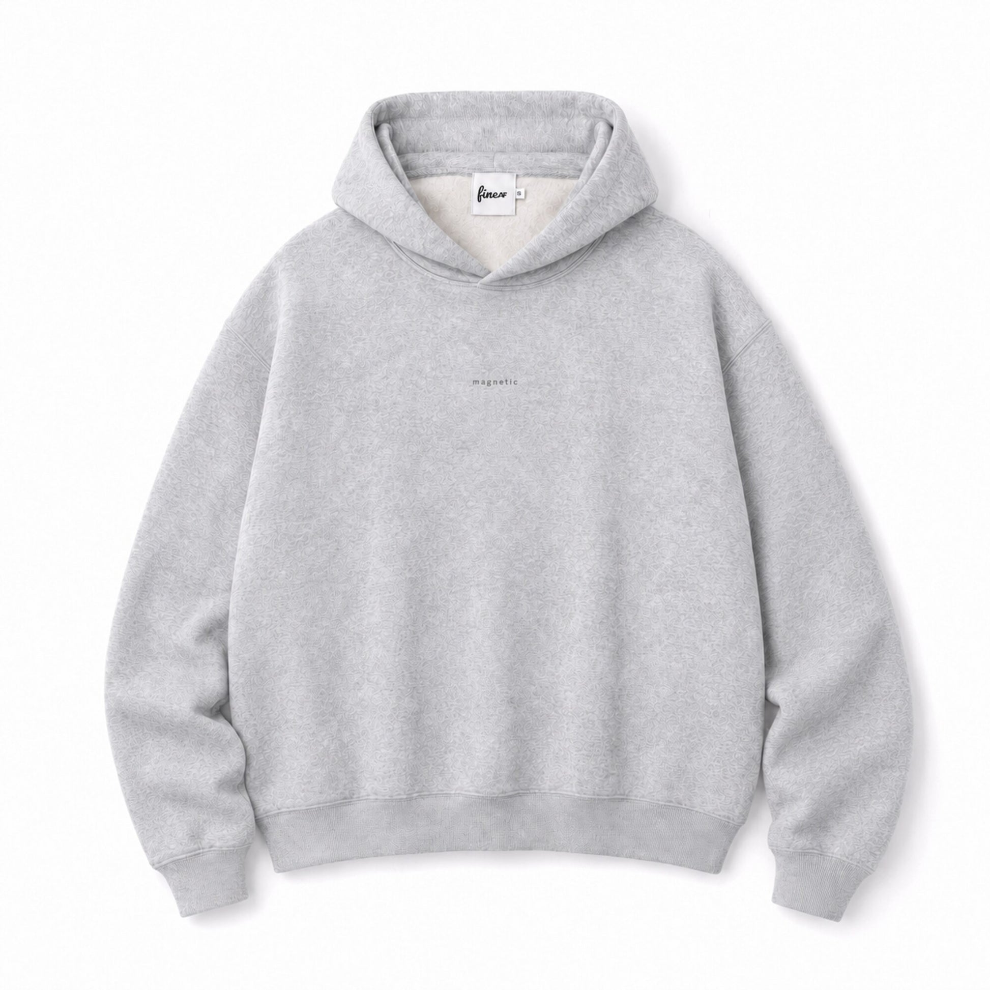 Front flat lay of the FineAF Magnetic heather grey hoodie with tonal magnetic chest design and FineAF neck label