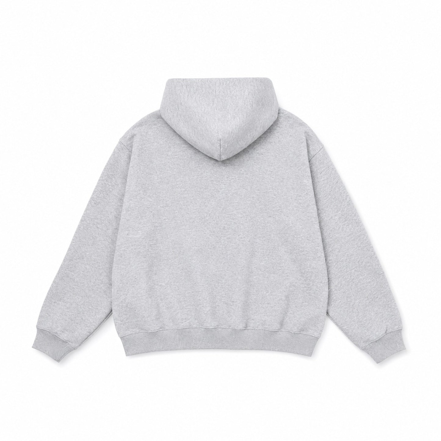 Back flat lay of the FineAF Magnetic heather grey hoodie showing the clean back and structured hood