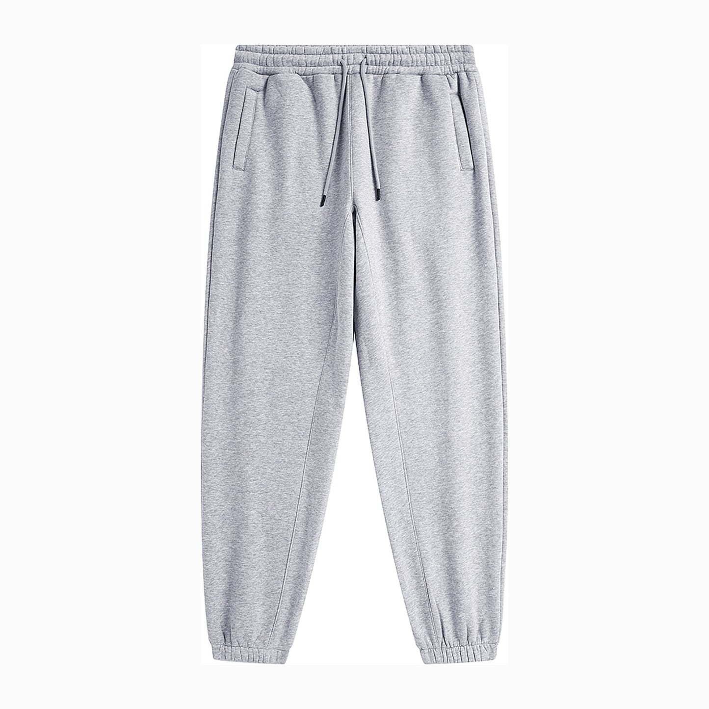 Front flat lay of light grey FineAF Magnetic pants with drawcord, welt pockets and elastic ankles