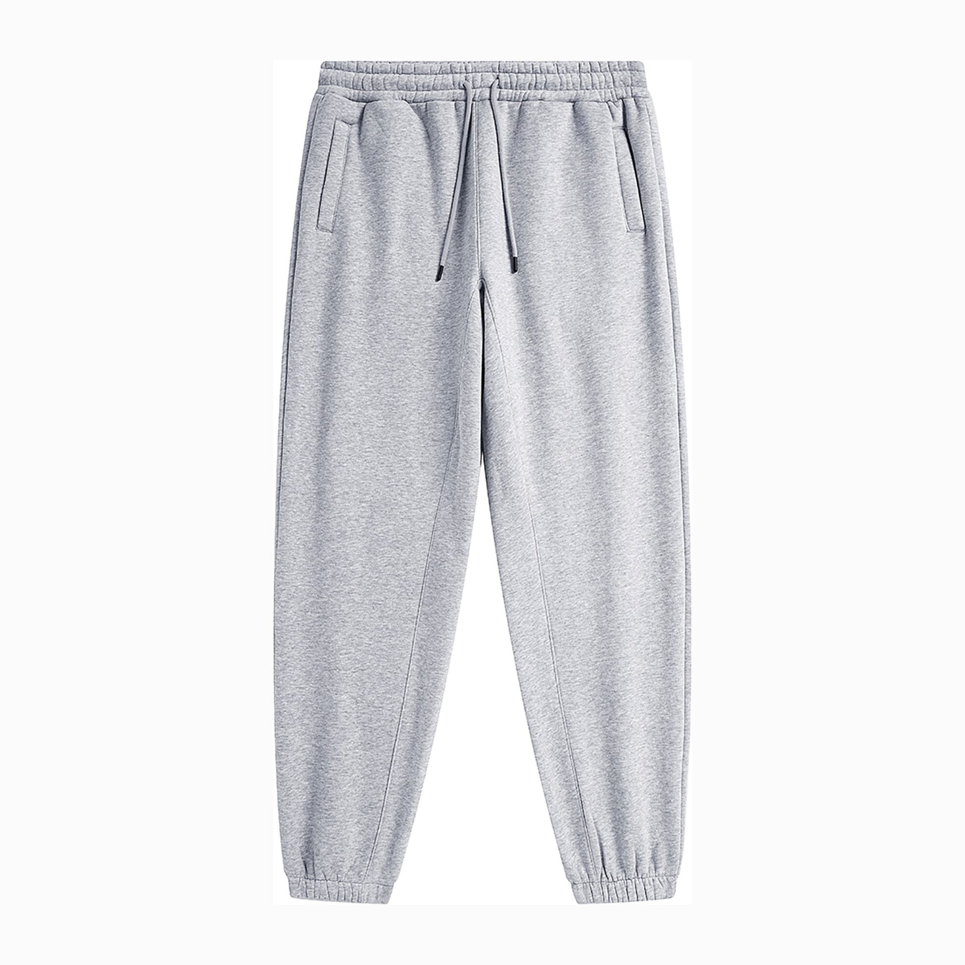 Front flat lay of light grey FineAF Magnetic pants with drawcord, welt pockets and elastic ankles