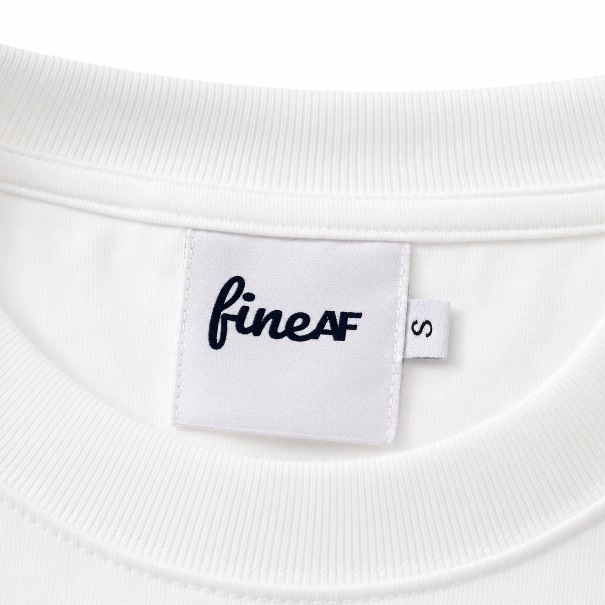 White FineAF Boxy Tee ribbed neckline and woven inside neck label