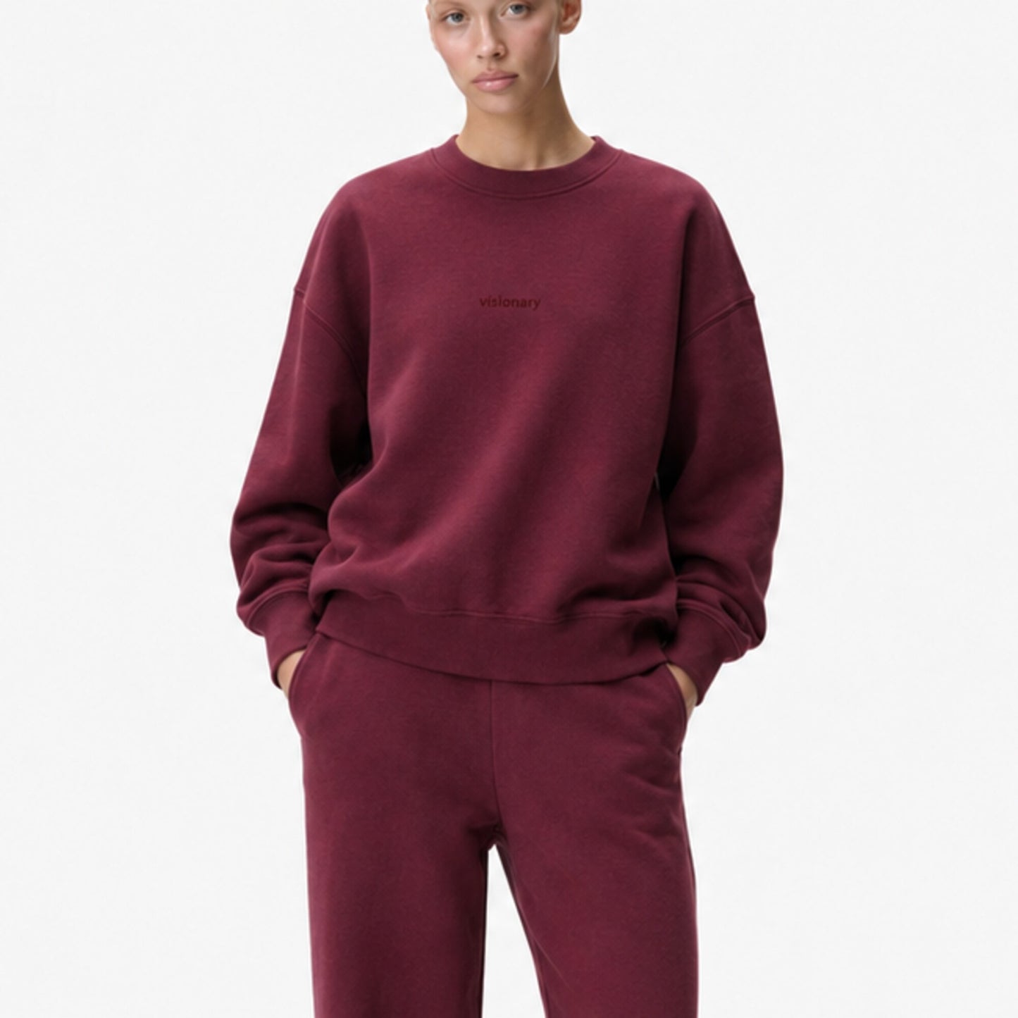Closer view of the FineAF Visionary wine sweatshirt fit, tonal chest design and ribbed finish