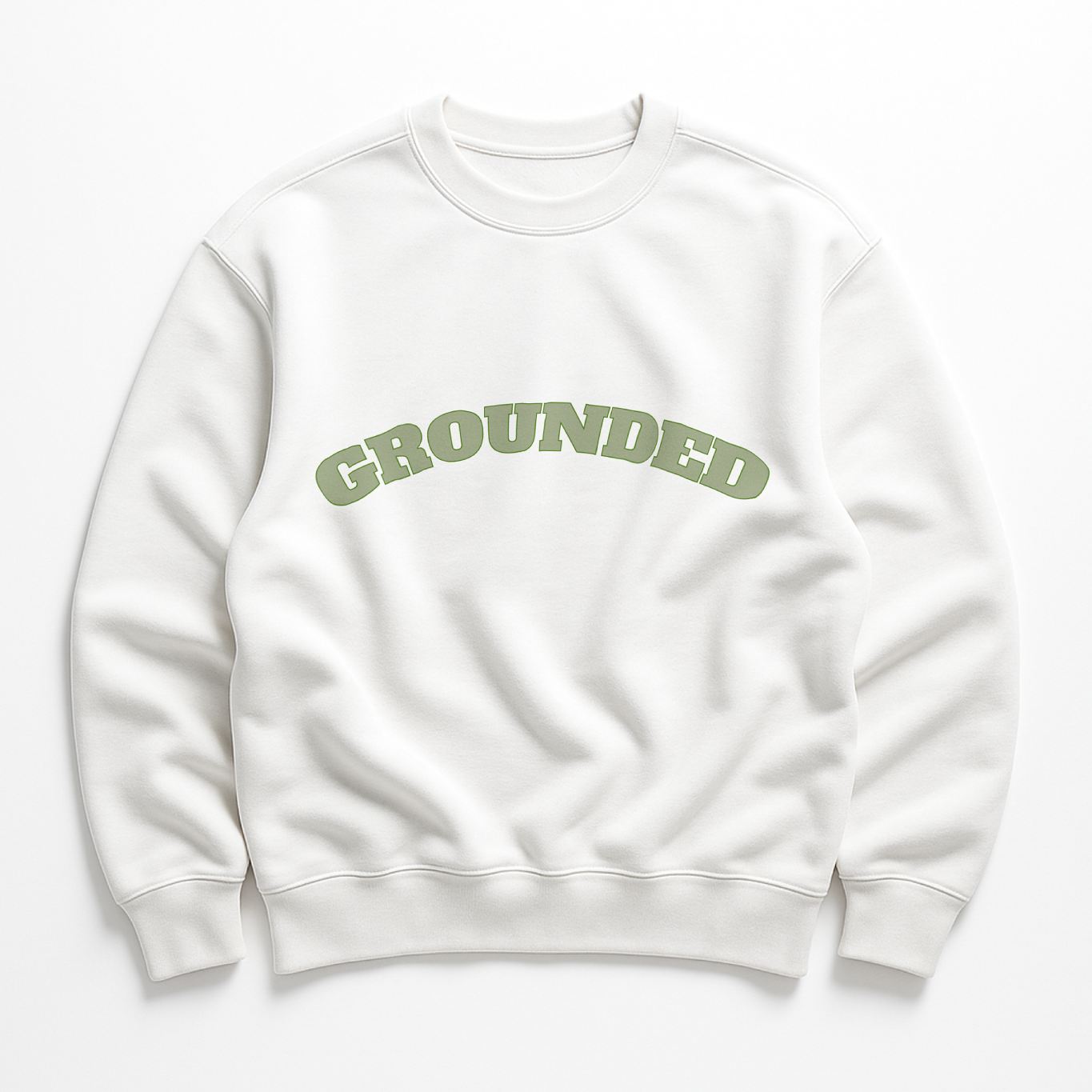 GROUNDED Sweatshirt in white organic cotton fleece with sage green text, minimalist product flat lay.