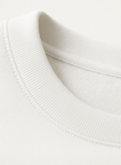 Detail of FineAF GROUNDED sweatshirt neckline, heavyweight organic cotton fleece texture, clean stitching.