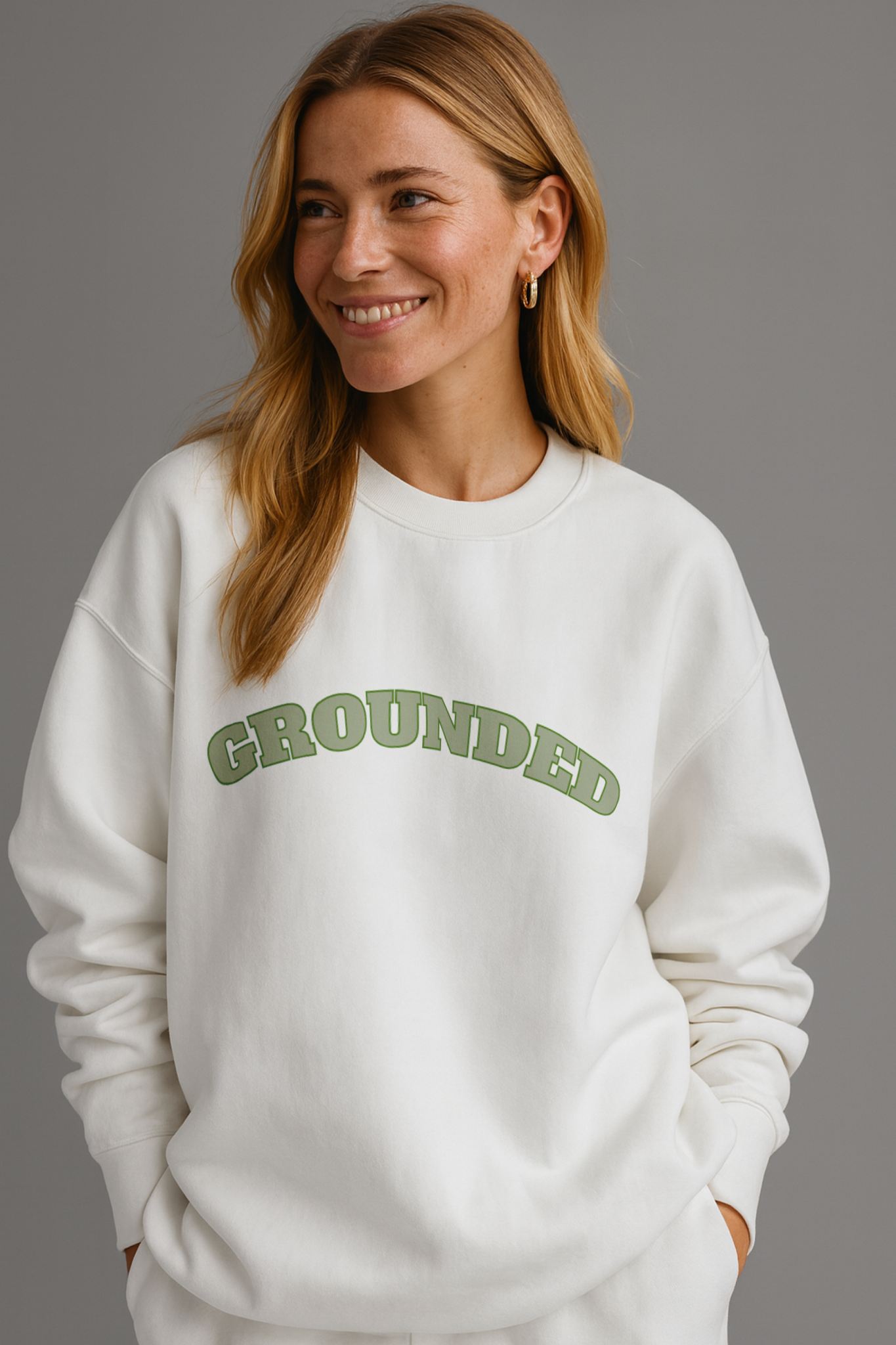FineAF GROUNDED sweatshirt in white organic cotton, styled simply for timeless minimal look.